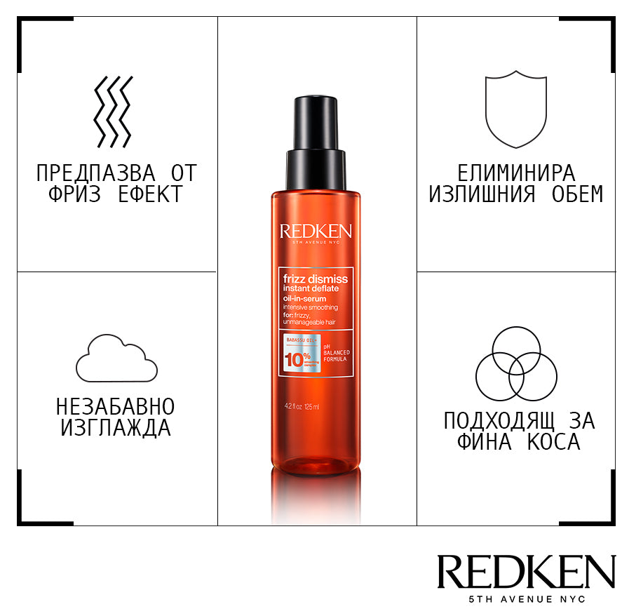 Redken Frizz Dismiss Instant Deflate Oil-In-Serum 125ml Изглаждащ серум за непокорна коса при влажно време Redken