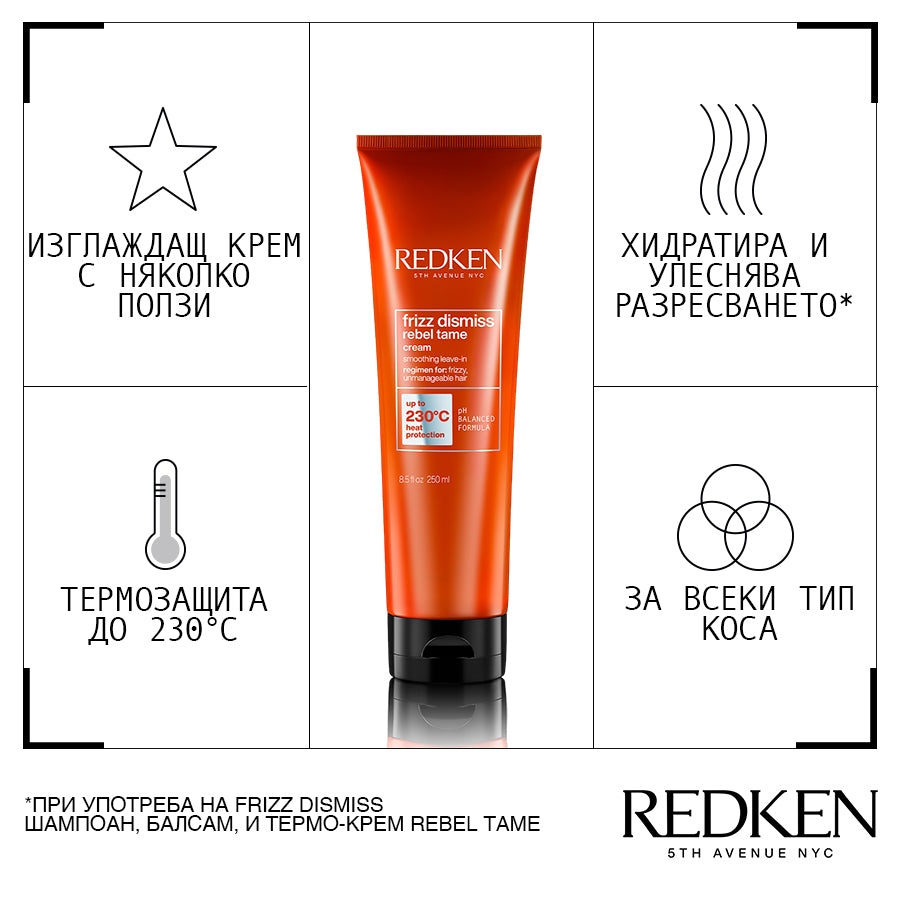 Redken Frizz Dismiss Rebel Tame Cream 250ml Термозащитен изглаждащ крем за непокорна коса